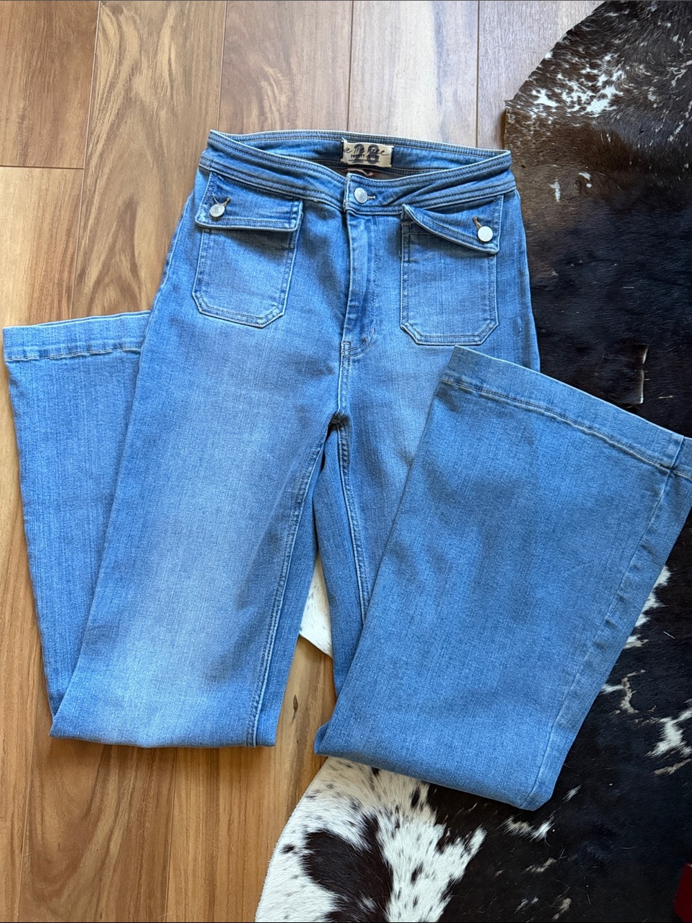 We The Free Medium Blue High Rise Flared Wide-Leg Jeans with Front Flap Pockets